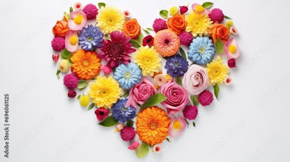 creative layout with colorful flowers, leaves, and a heart shape, forming an anniversary concept in a flat lay.