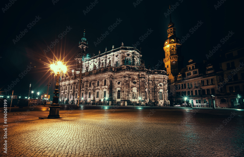 night panorama of Dresden, Hofkirche church illuminated by lanterns