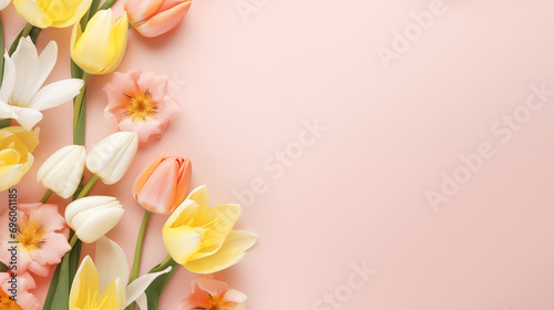 A minimalist layout of tulips and daffodils in soft pastel colors  Flowers composition  Wedding day  Women   s Day  Flat lay  top view  with copy space