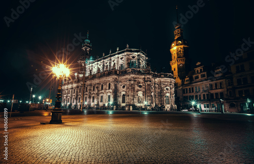 night panorama of Dresden, Hofkirche church illuminated by lanterns