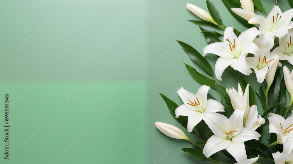 An elegant layout of white lilies and green leaves, Flowers composition, Wedding day, Women’s Day, Flat lay, top view, with copy space An elegant layout of white lilies and green leaves, Flowers composition, Wedding day, Women’s Day, Flat lay, top view, with copy space