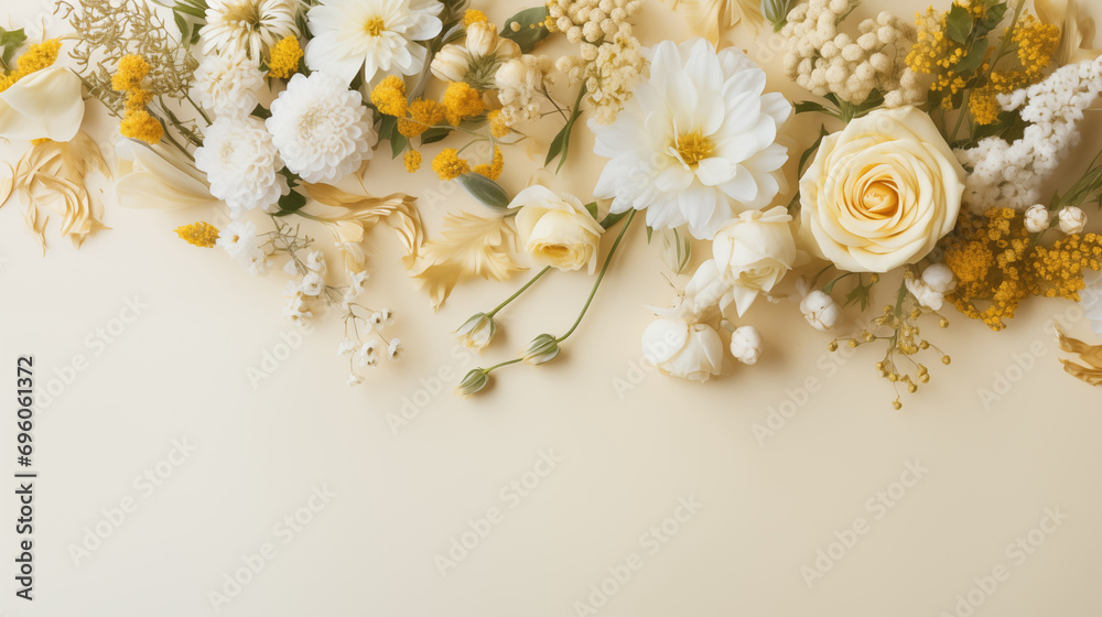 Fotografia A luxurious mix of gold and white flowers for a glamorous look, Flowers composit