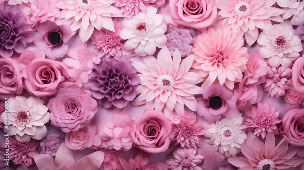 A monochromatic composition of various shades of pink flowers, Flowers composition, Wedding day, Women’s Day, Flat lay, top view, with copy space