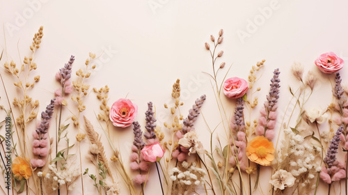 A nature-inspired composition of wildflowers and grasses, Flowers composition, Wedding day, Women’s Day, Flat lay, top view, with copy space