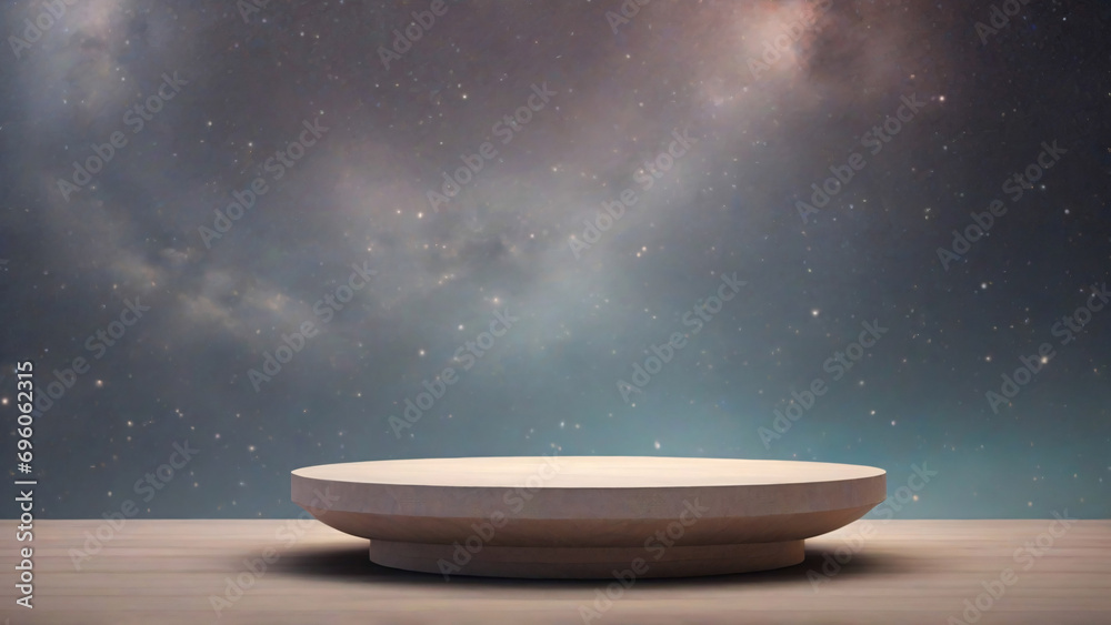Empty wooden podium on the background of the night starry sky. 3d render - obrazy, fototapety, plakaty 