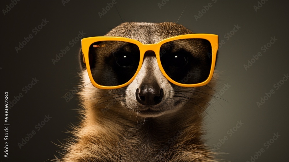 Develop a sophisticated meerkat sporting trendy eyewear, set against a sleek onyx backdrop