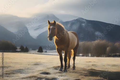 Portrait of horse standing in field by mountain during winter Generative Ai © Jamshed