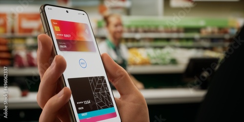 Caucasian male using his smartphone wallet to pay using card connected to phone