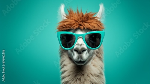 Generate a suave llama donning stylish glasses, captured in high-definition against a plush teal background