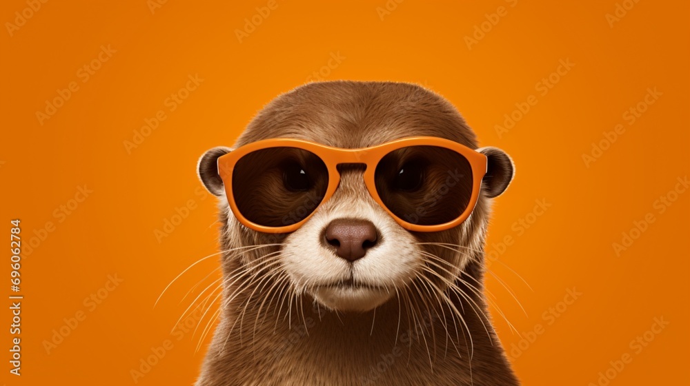 Generate a suave otter donning stylish glasses, captured in high-definition against a rich tangerine backdrop