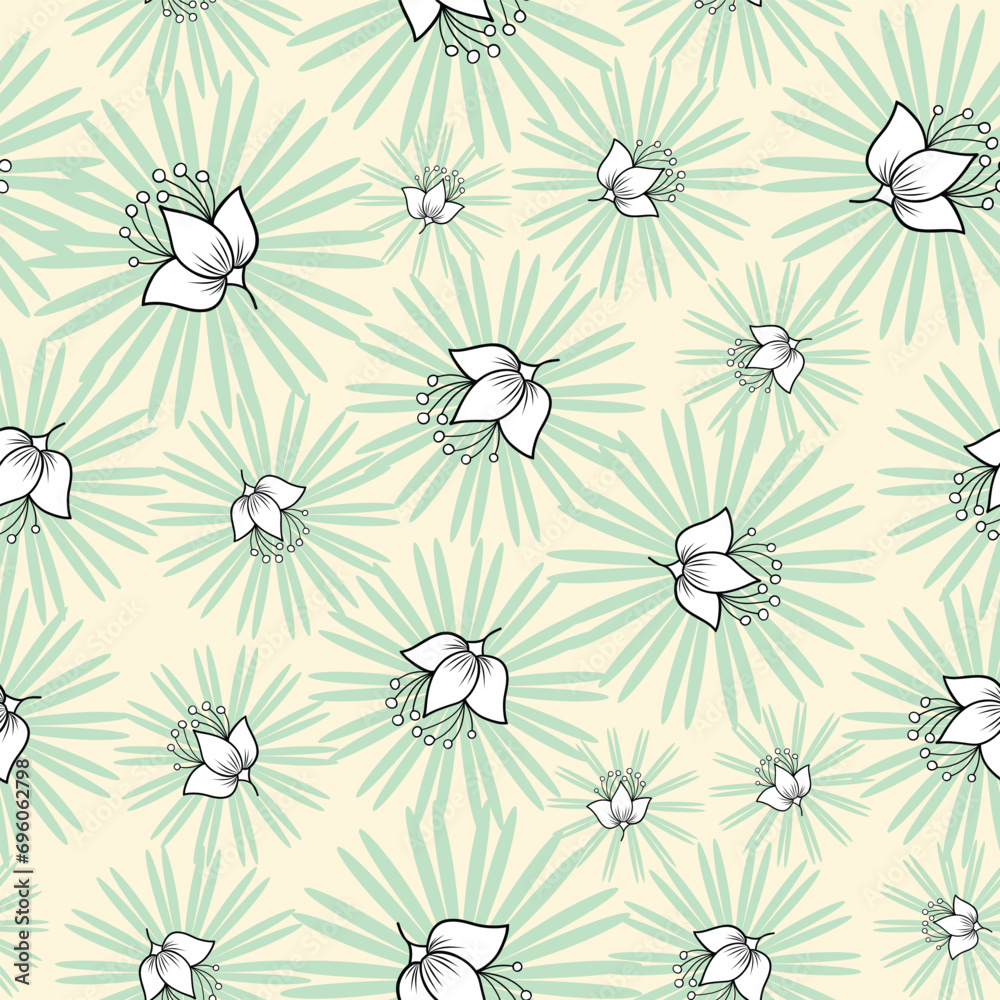 seamless repeat pattern with simple white floral motifs on a green sticky leaves on a yellow background perfect for fabric, scrap booking, wallpaper, gift wrap projects seamless repeat pattern with simple white floral motifs on a green sticky leaves on a yellow background perfect for fabric, scrap booking, wallpaper, gift wrap projects