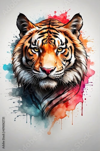 A Vibrant Watercolor Tiger Illustration, whimsical depiction of a Tiger, Fierce and Colorful, Multicolored Tiger head