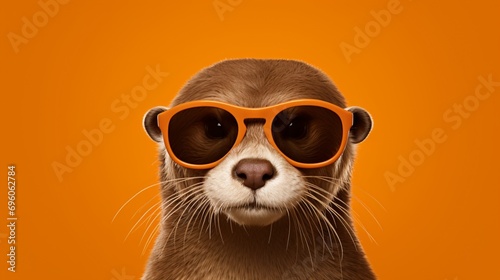 Generate a suave otter donning stylish glasses  captured in high-definition against a rich tangerine backdrop