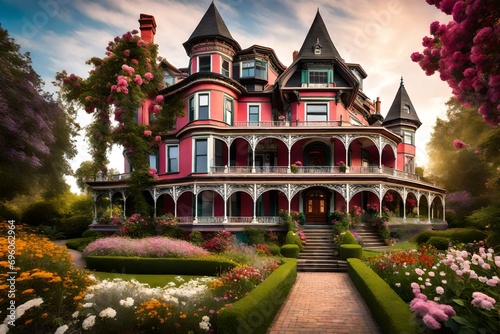 A classic Victorian mansion surrounded by an enchanting garden filled with colorful blooming flowers.