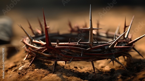 Passion of Jesus Christ with a hammer, bloody nails, and crown of thorns on arid ground, featuring a defocused background. Perfect for marketing religious art, © pvl0707