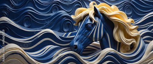 beautiful horse head carving, blue and yellow colors 3d relief wallpaper generative ai	 photo