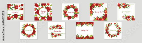 Red Pomegranate Greeting Card Vector Template Set