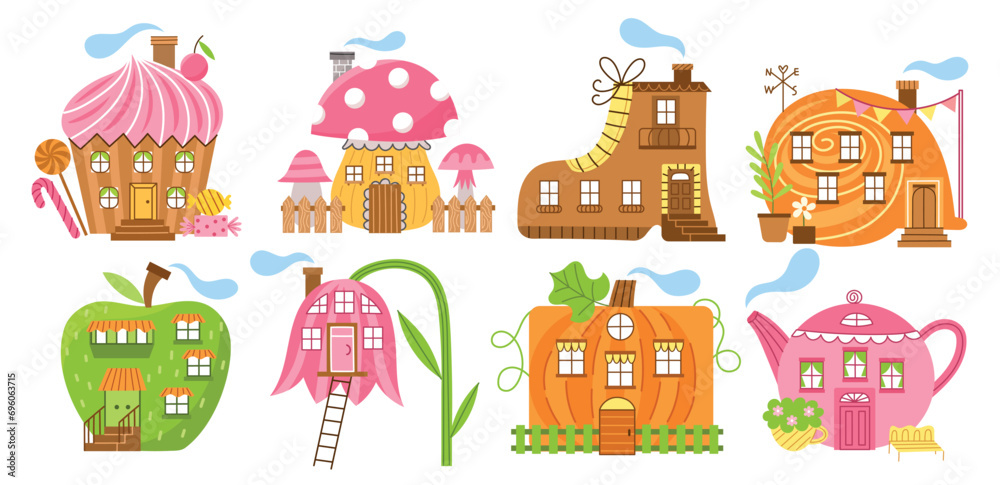 Pretty magical houses. Cute fabulous dwellings, fantasy designs and decorations, sweets, mushrooms and teapot shapes buildings, vector set.eps