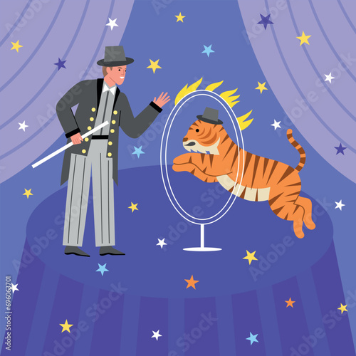 Trainer with tiger performance in circus arena. Entertaining public show, obedient predatory animal executes commands, vector illustration.eps