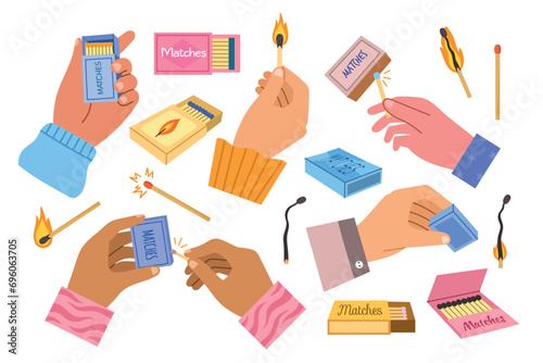 Hands hold matches. Igniting wooden matches, different designs matchboxes, sparks and flames, cartoon sticks with sulfur heads, vector set.eps