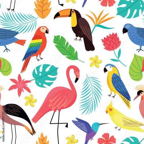 Tropical birds seamless pattern. Exotic wildlife, colorful bright parrot, flamingo, toucan and hummingbird, flowers, leaves, vector backdrop.eps