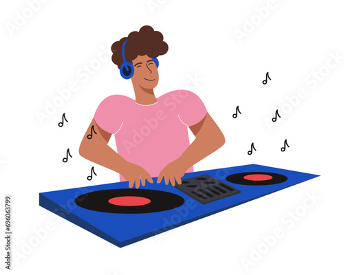 Vector illustration of a DJ at the controls. Flat illustration of a man playing a musical instrument.