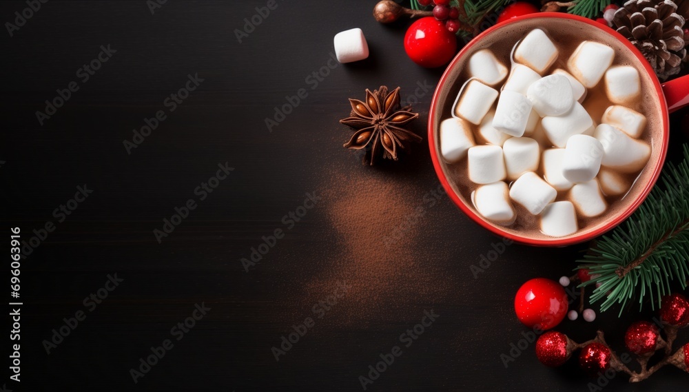 Cup of cocoa topped with marshmallows, with Christmas decorations. Top view banner with copy-space Cup of cocoa topped with marshmallows, with Christmas decorations. Top view banner with copy-space