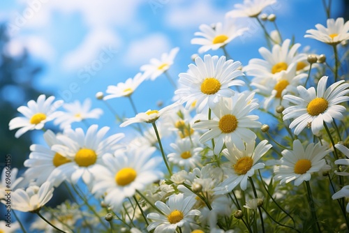 A cluster of wild daisies caught in the gentle breeze, their white petals and bright yellow centers creating a scene of natural purity.