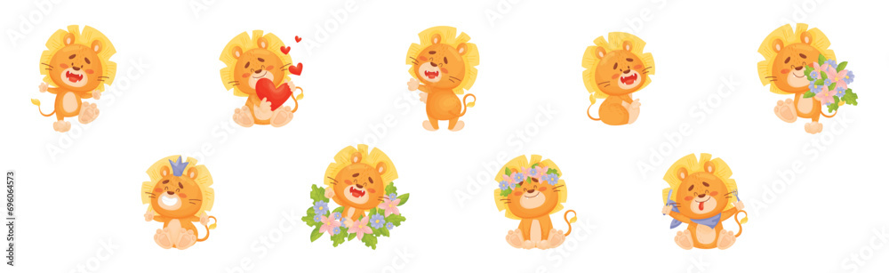 Lion Cub Character with Mane Engaged in Different Activity Vector Set Lion Cub Character with Mane Engaged in Different Activity Vector Set