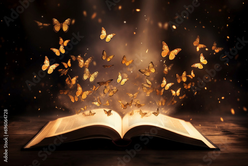 Open book with golden butterflies flying out on a black background, imagination concept photo