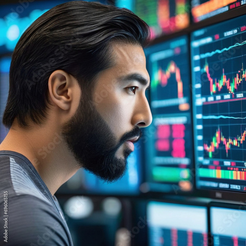bearded muscular man successful stock trader in front of a large computer, screen showing stock