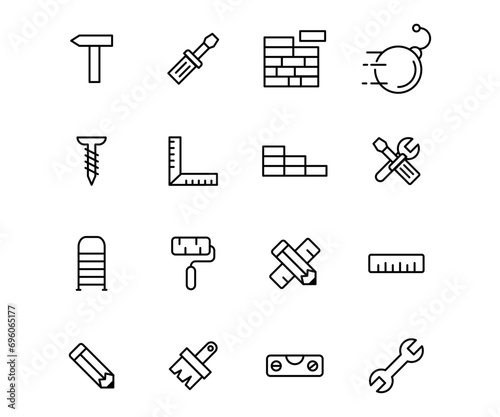 Vector line icon set construction tools. Outline symbol tool engineering design equipment. Building industry sign and builder element toolbox. Industrial collection maintenance photo