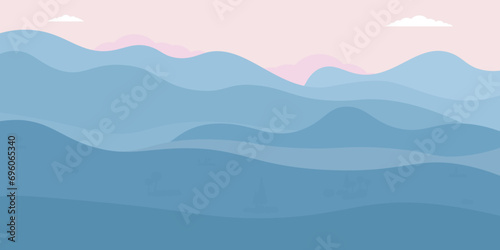 Landscape of mountainous hilly area.Low dense fog in blue mountains. Relaxing mountain sunrise landscape. Horizontal natural landscape with blue hills, pink sky, clouds, trees in the fog. Flat style.
