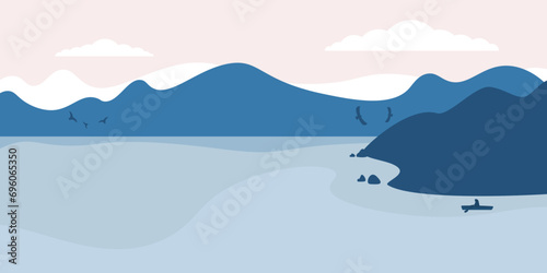 Landscape of hilly area with blue lake in the center.Quiet backwater in the mountains sunrise. Horizontal natural landscape with blue hills, pink sky, clouds, birds and fisherman in boat. Flat style.