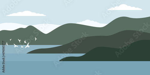 The landscape of the coastal hilly area. Calm coast of the sea or ocean. Sea bays. Horizontal natural landscape with green hills, blue sky and clouds, white birds and seagulls. Flat style.
