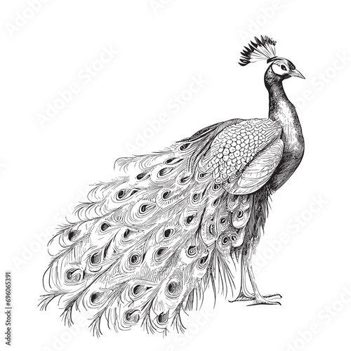 Beautiful Peacock bird retro sketch hand drawn Vector