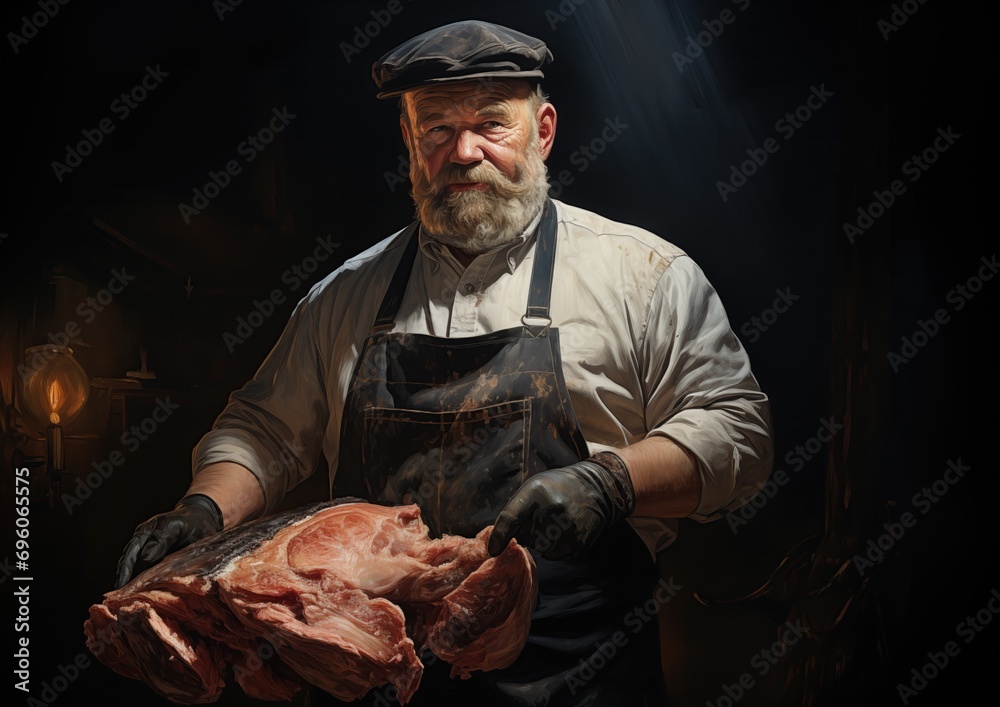 A photorealistic image depicting a proud butcher holding a large, gleaming meat cleaver, with dramat