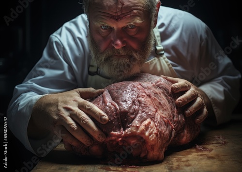 A hyperrealistic image of a proud butcher holding a freshly sharpened knife, with every pore and wri photo