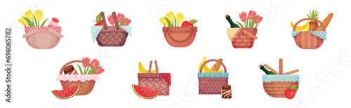 Picnic Hamper and Wicker Basket with Lunch Food Vector Set