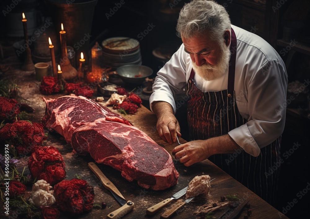 An award-winning image showcasing a proud butcher skillfully carving a perfectly marbled steak, capt