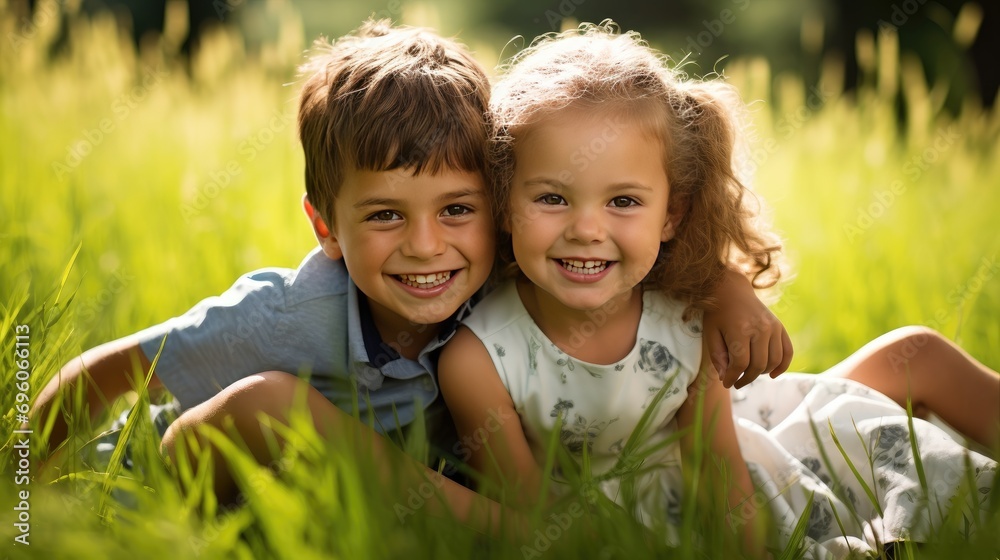 brother and little sister playing in lush green grass on a bright summer day. brother and little sister playing in lush green grass on a bright summer day.