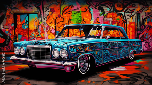 a colorful image of a colorful lowrider vintage car in the sunset © VSzili