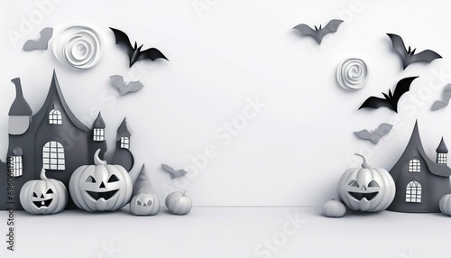 Halloween-themed background image with feature classic Halloween elements such as jack-o -lanterns  bats  and haunted houses. there are designated spaces for promotional text and the company logo.