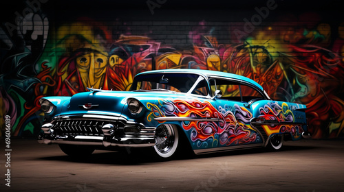 a colorful image of a colorful lowrider vintage car in the sunset