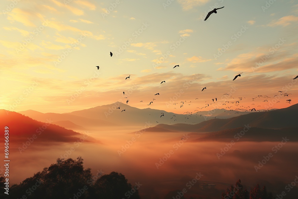 Birds glide over a misty valley bathed in the warm glow of the morning sun