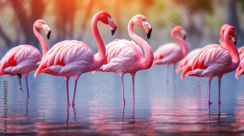 pink flamingos gracefully wading in tranquil waters. Ideal for promoting birdwatching tours, wildlife sanctuaries, and capturing the vibrant beauty of these exotic birds © pvl0707