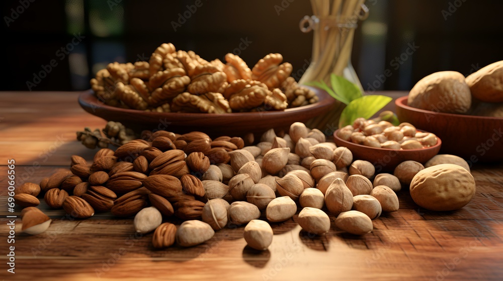 Composition with nuts on wooden table, close up. Healthy snack Composition with nuts on wooden table, close up. Healthy snack