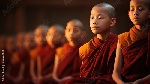 close-up beauty of young Buddhist monks in traditional attire, fostering cultural harmony and serenity.