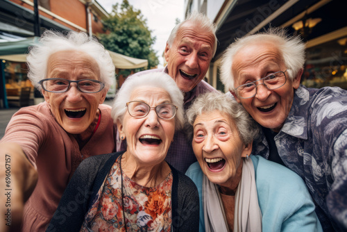 Group of elderly people taking a selfie, Spirited portrait, happy smiling group of senior citizens, pensioners having fun photo