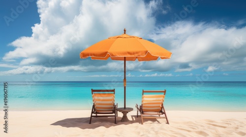 two inviting chairs and an umbrella on a pristine tropical beach.